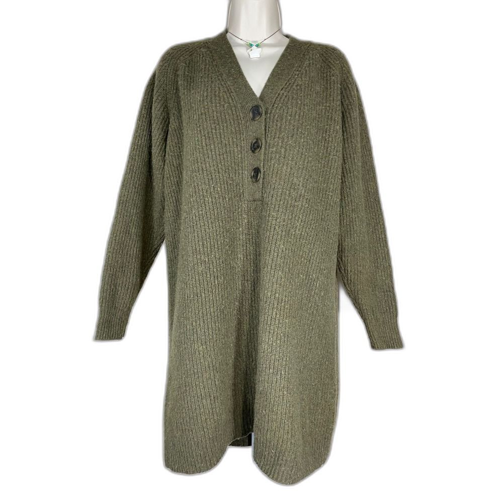 Wool Blend Madewell Sweater Dress W/ S Olive Green Ribbed Henley Knit used - Picture 2 of 11